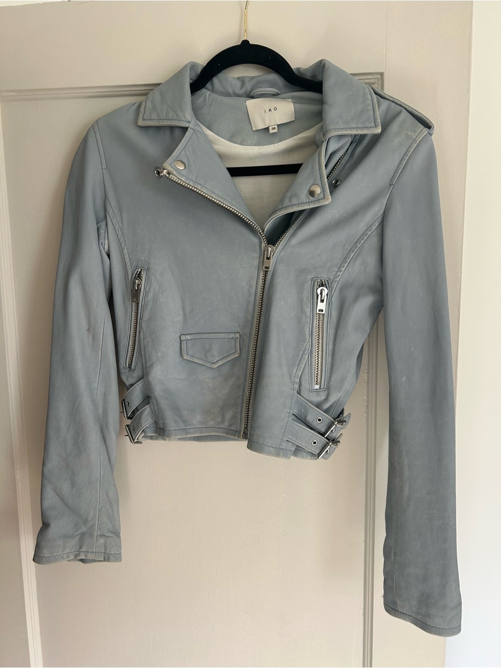 IRO Women's Light Blue Custom Painted Scorpion Leather Moto Jacket